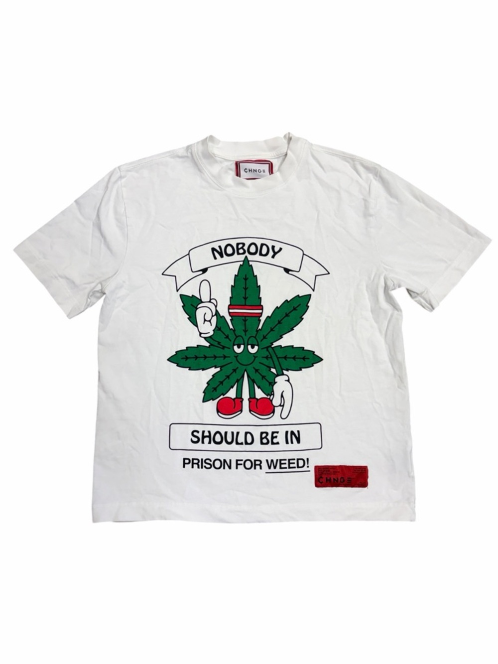 CHNGE White Tee with Green Leaf Character and Red Accents - M